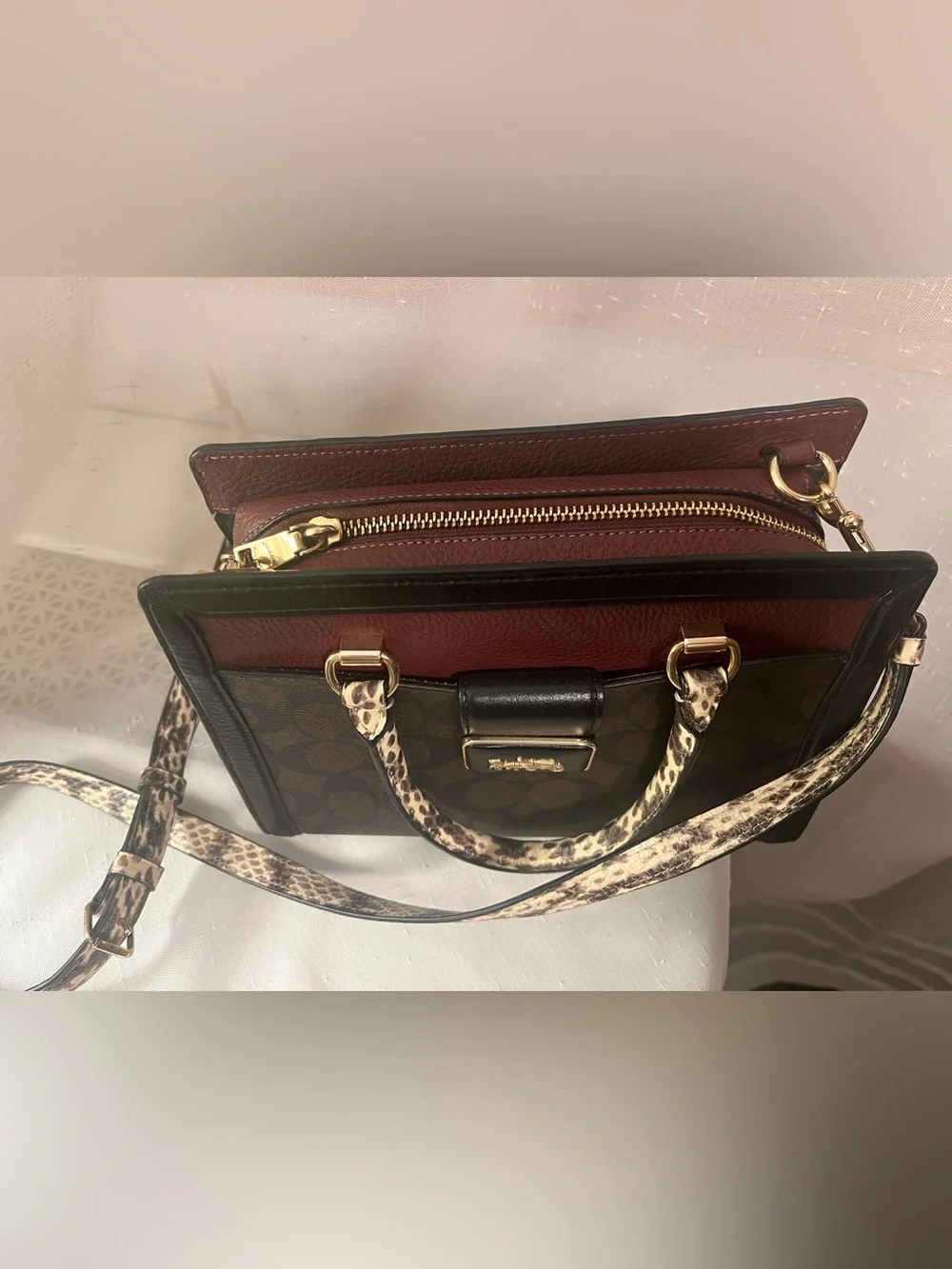 Coach Brown and Maroon Signature Satchel with Leopard-Print Strap